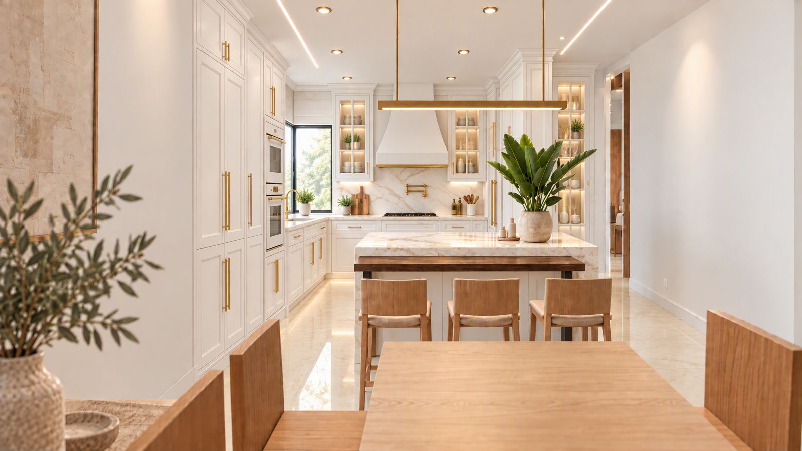 Cocina clásica blanca con detalles dorados