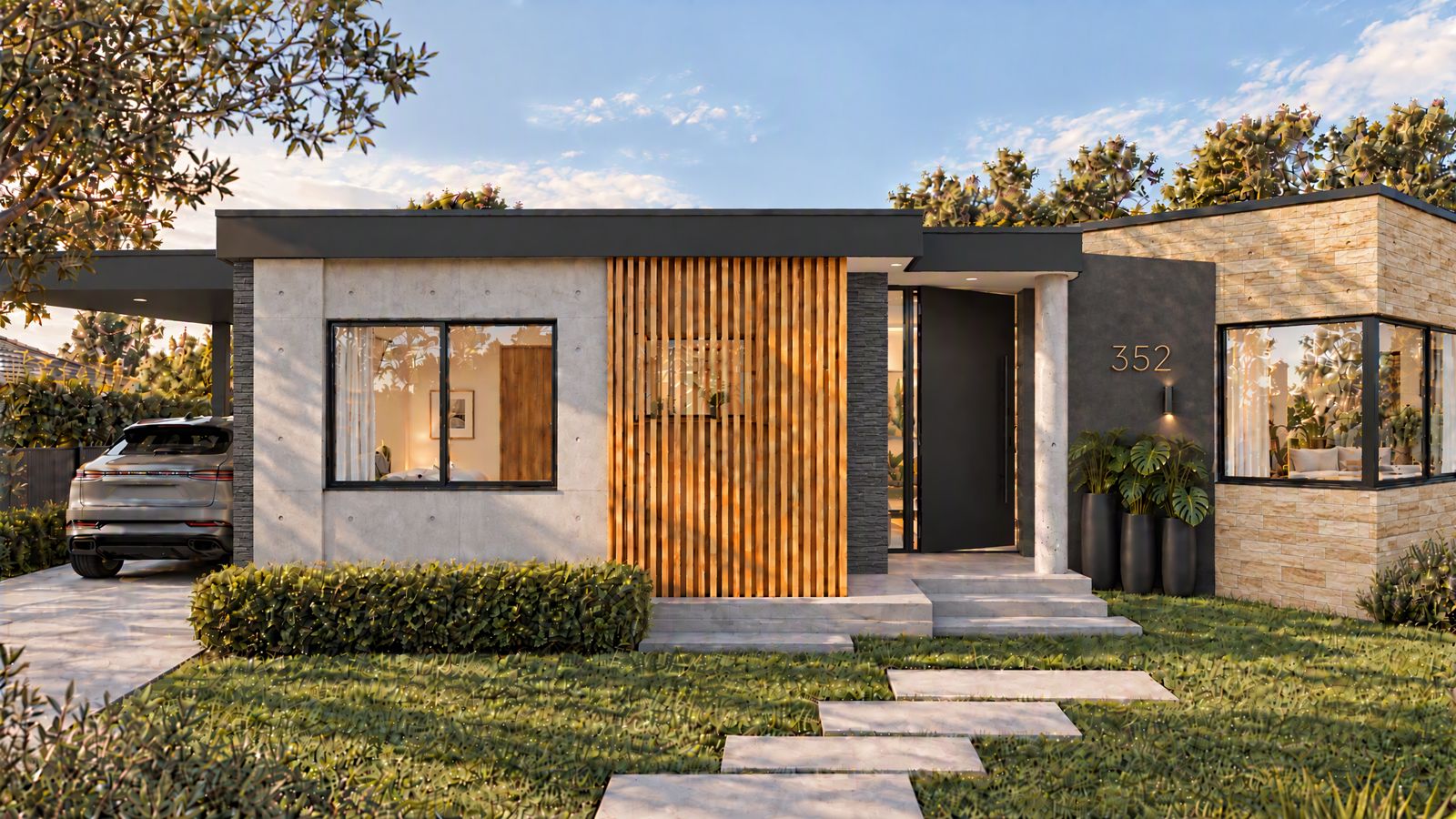 Mismo frente en render fotorrealista: hormigón visto, travertino, listones de roble y puerta negra