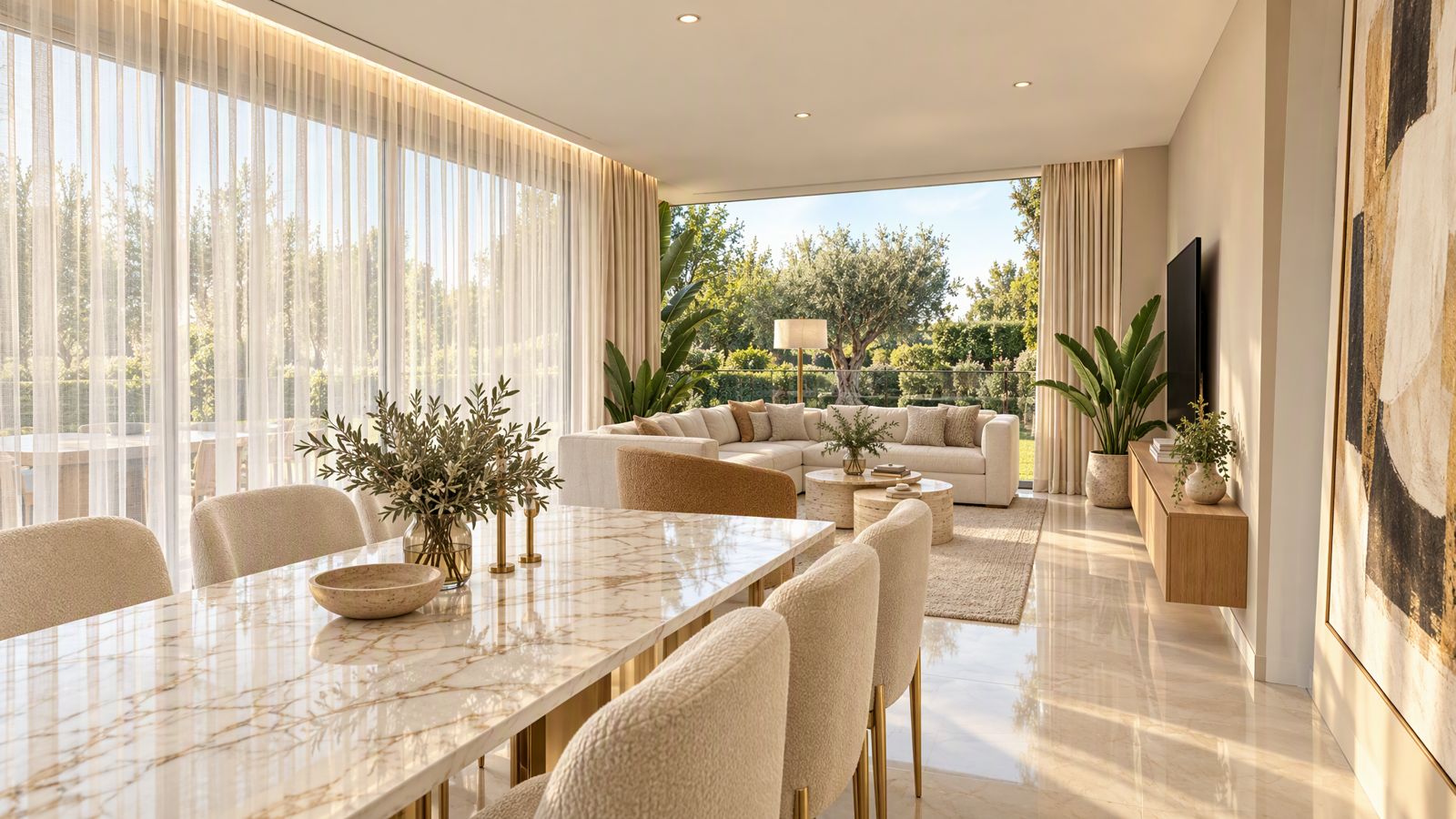Living comedor con mesa de calacatta