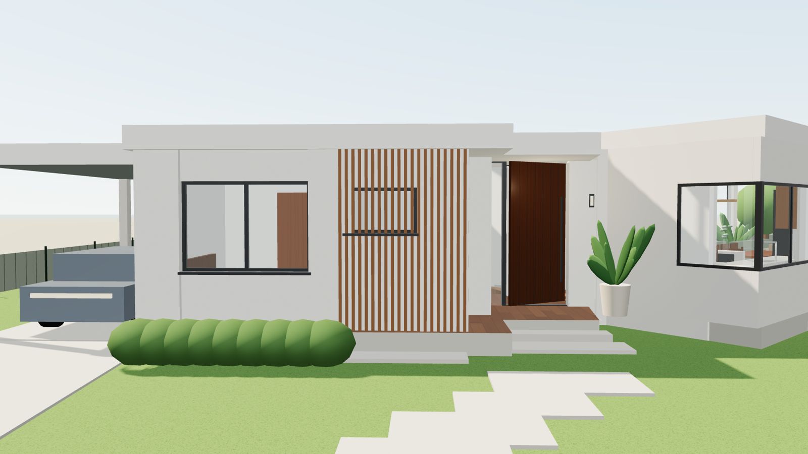 Frente de la casa en el modelo 3D, volúmenes simples