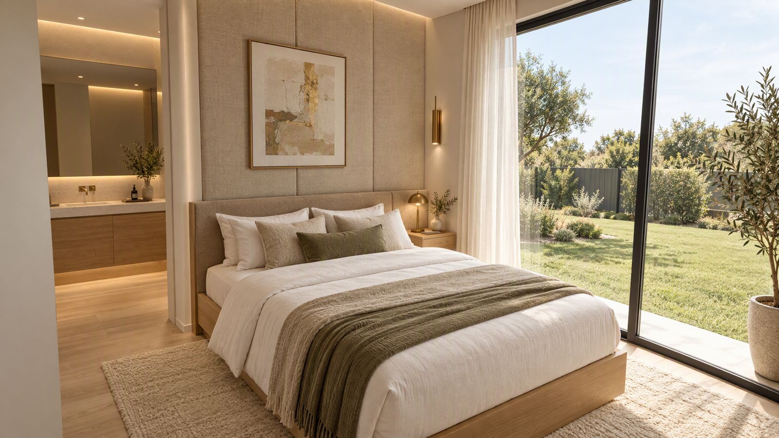 Dormitorio de la suite, estilo cálido hotel